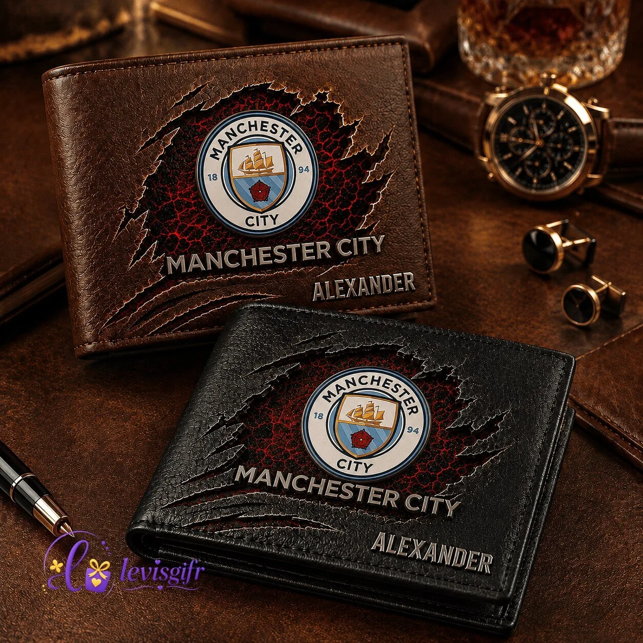 Manchester City Football Club Personalized Wallet, Custom Engraved Leather Wallet