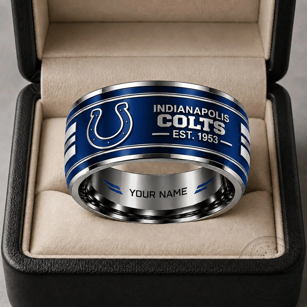 Indianapolis Colts Personalized Blue and Silver Tungsten Ring