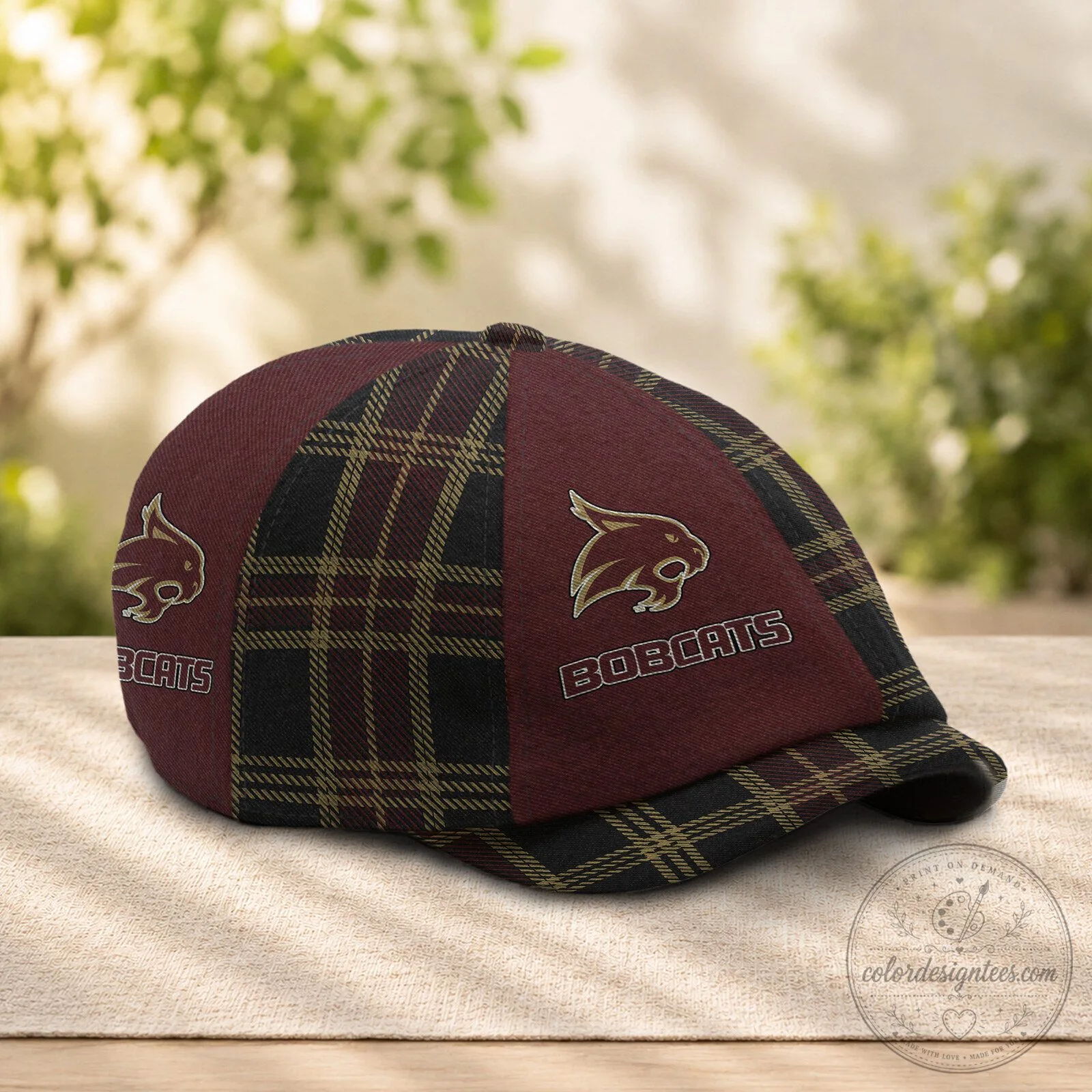 Texas State Bobcats NCAA Newsboy Cap, Maroon Plaid Flat Cap for Adults