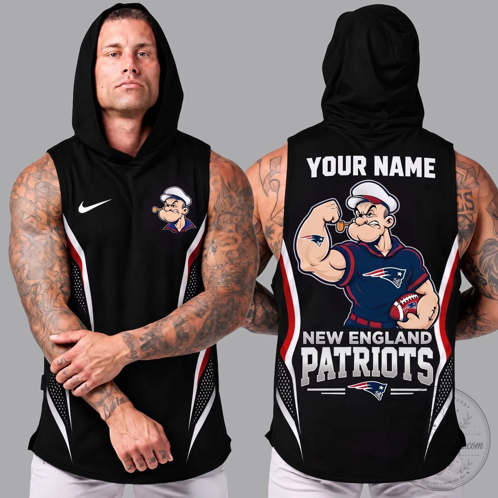 New England Patriots Popeye Muscle Man Sleeveless Hoodie