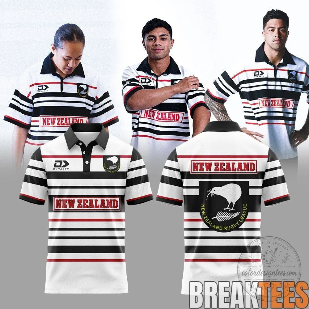 New Zealand Rugby League Black and White Striped Polo Shirt