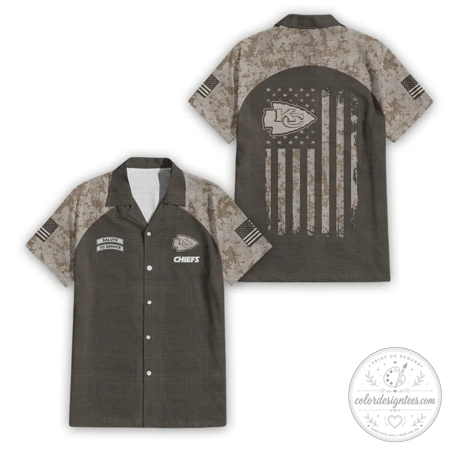 Hawaiian Shirt in Military Camouflage for Kansas City Chiefs Salute to Service Fans