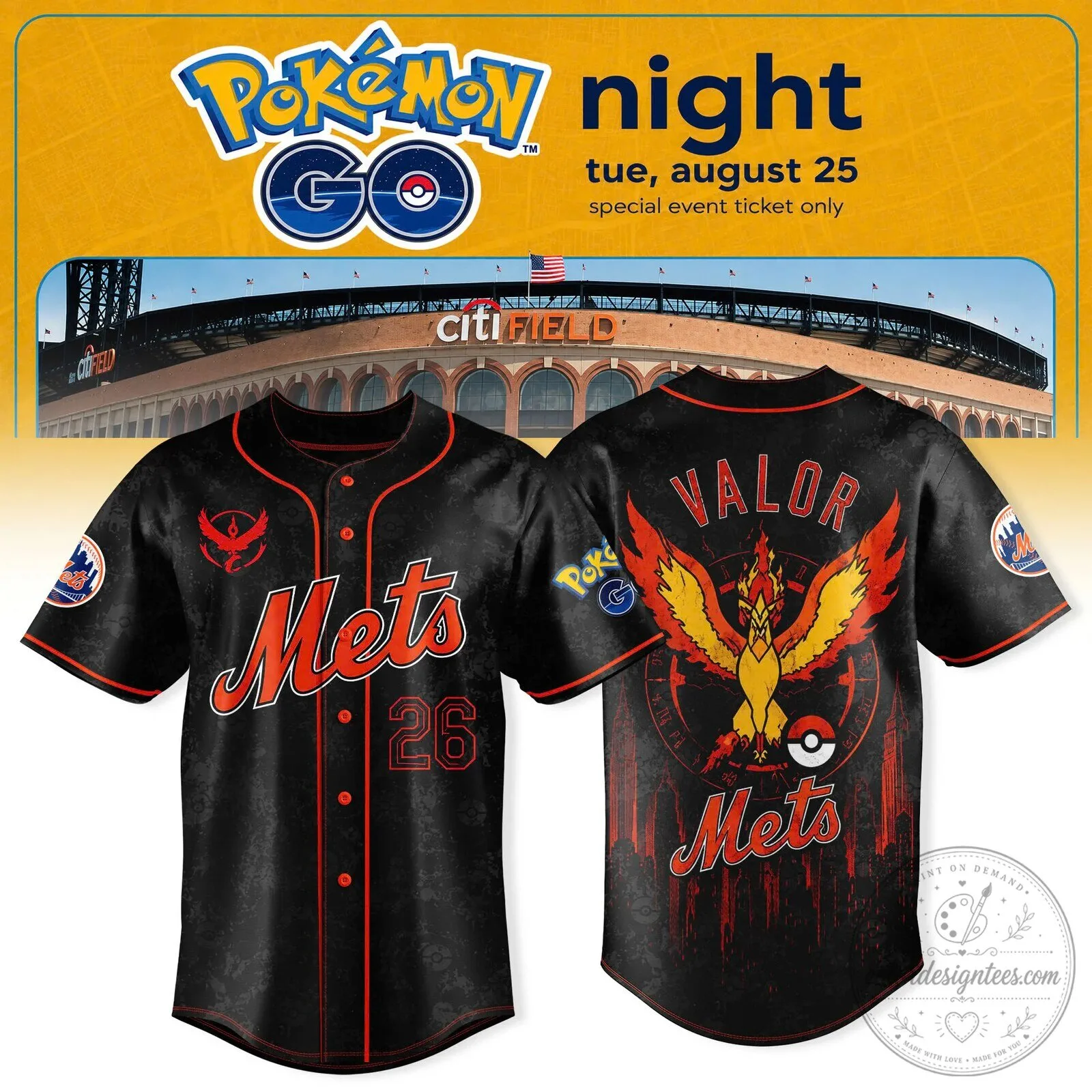 Pokemon Go Team Valor New York Mets Black Baseball Jersey