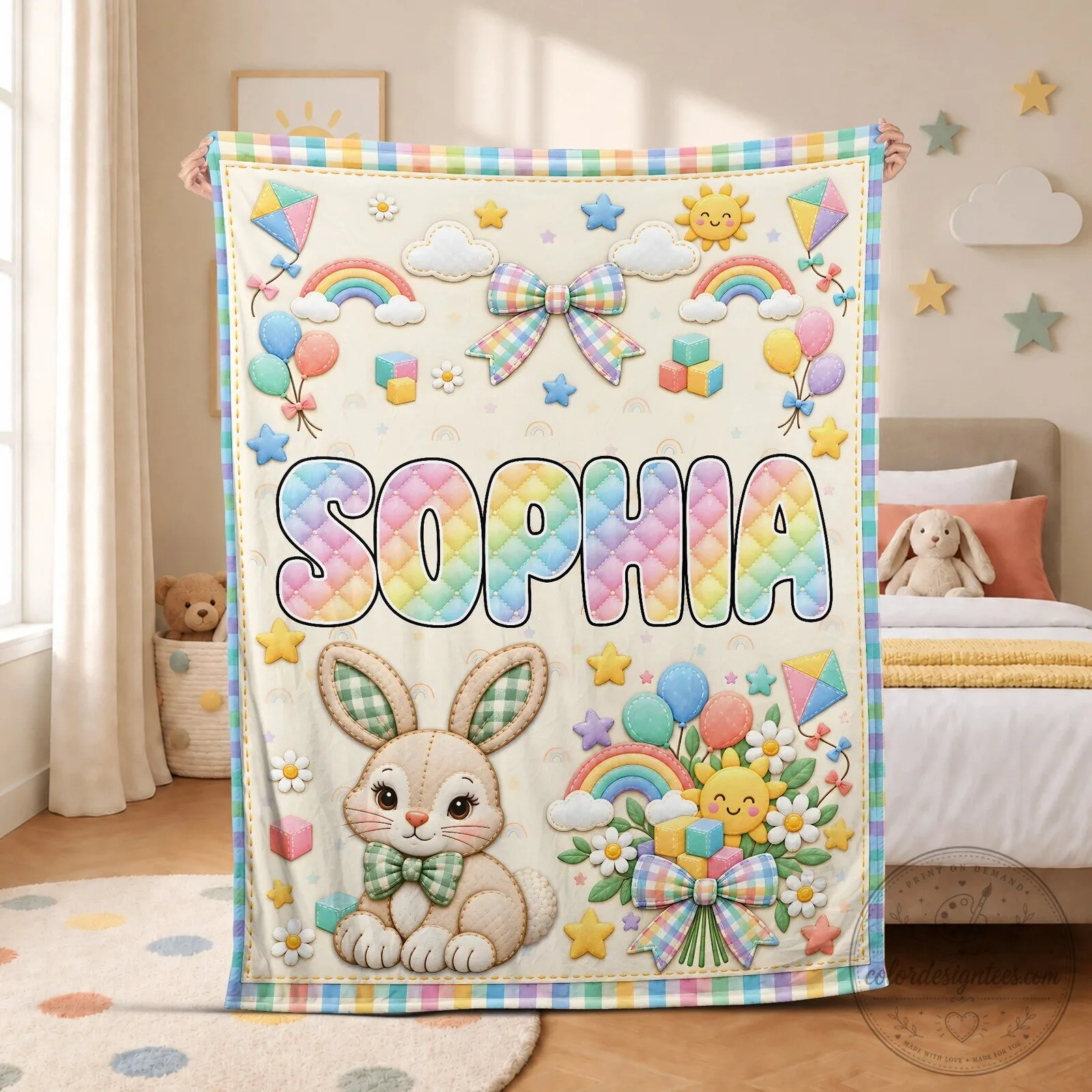 Personalized Bunny and Rainbow Blanket for Kids with Custom Name 8 Personalized Bunny and Rainbow Blanket for Kids with Custom Name