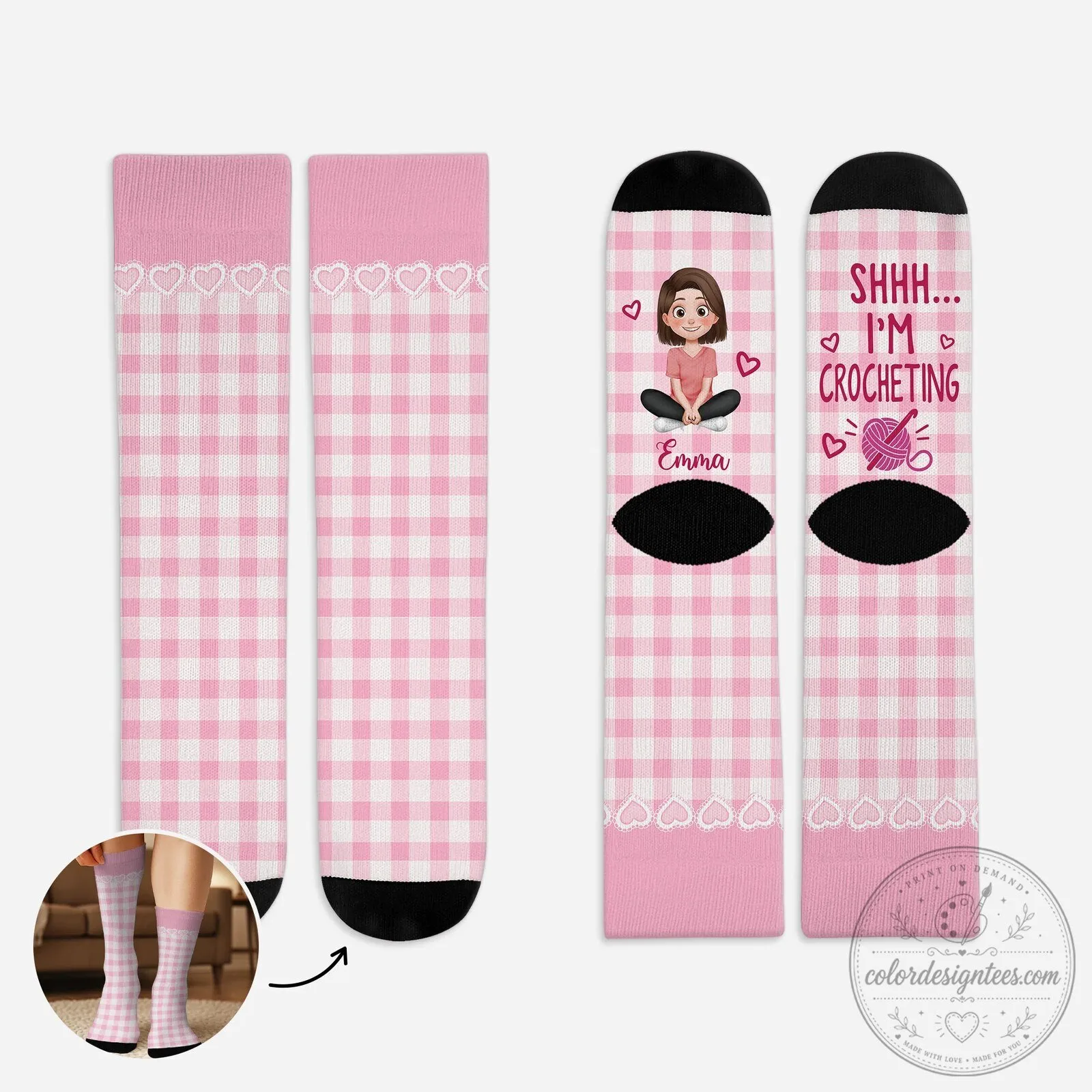 Personalized Crocheting Pink Gingham Pattern Socks