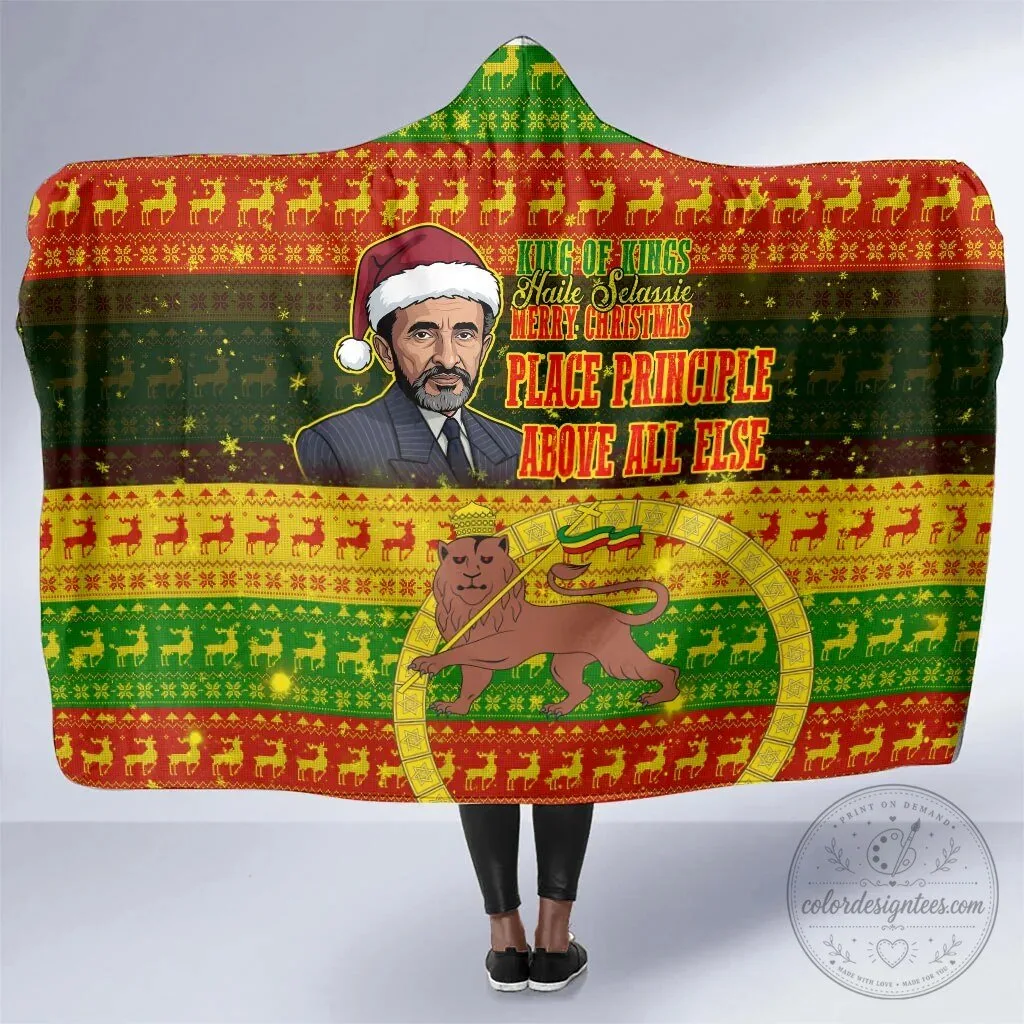 Haile Selassie Christmas Hooded Blanket King Of Kings Lion Of Judah Ugly Pattern