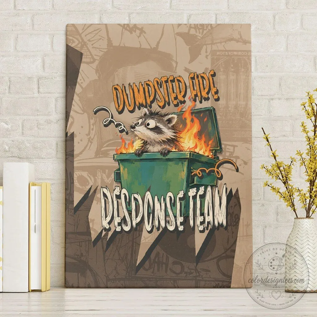 Dumpster Fire Response Team Raccoon Cartoon Vintage Grunge Wall Art Canvas