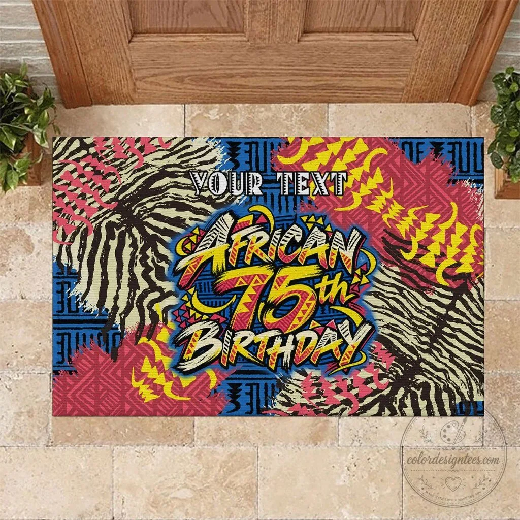 Personalized African 75th Birthday Doormat Colorful Tribal Striped Heritage Art