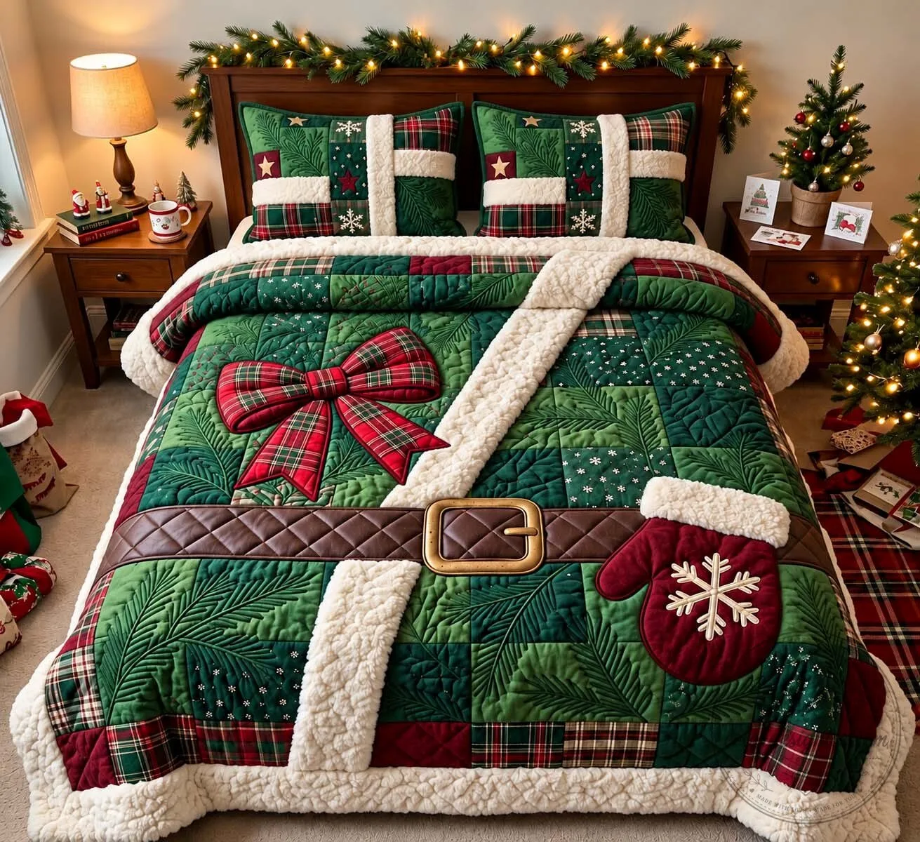 Woodland Santa Christmas Quilted Bedding Set with Pillow Shams