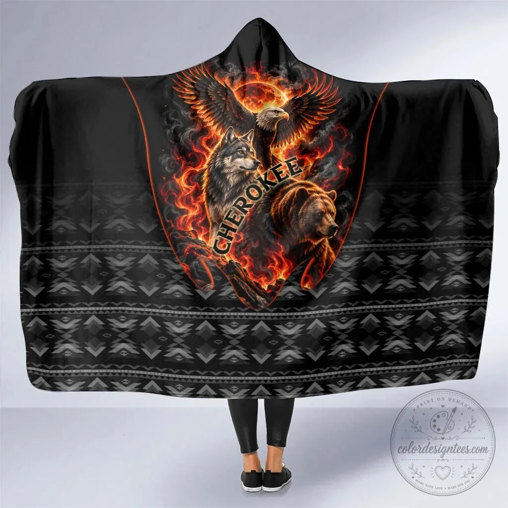 Cherokee Spirit Animals Fiery Tribal Art Native Geometric Patterns Hooded Blanket