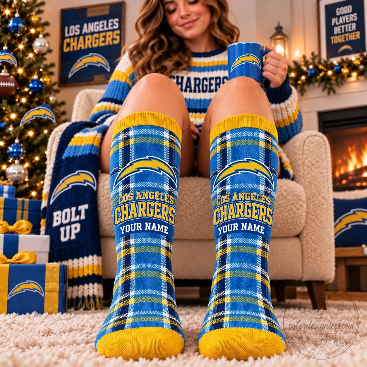 Los Angeles Chargers Plaid Pattern Custom Name Football Team Socks
