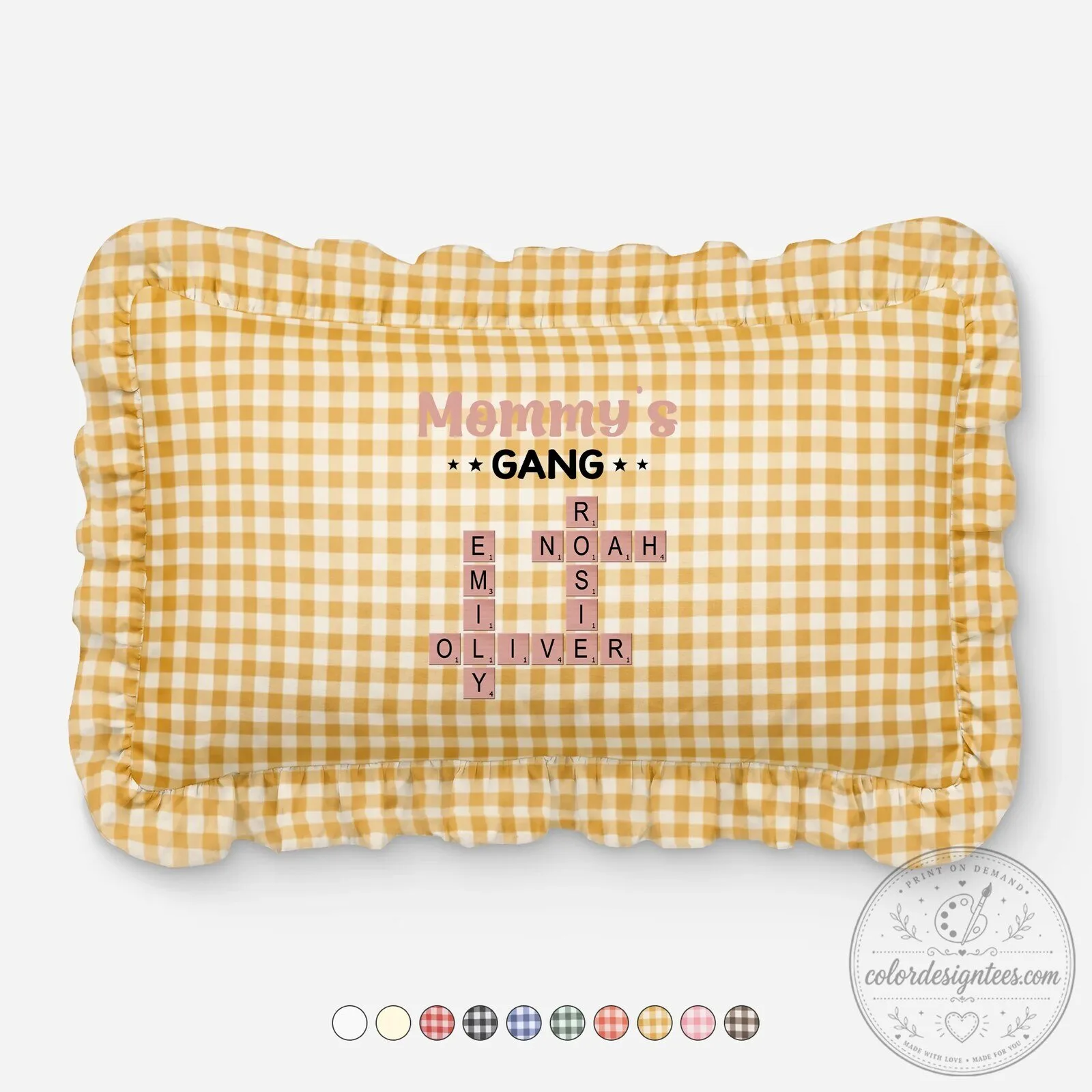 Personalized Mommy's Gang Crossword Name Gingham Ruffle Pillow