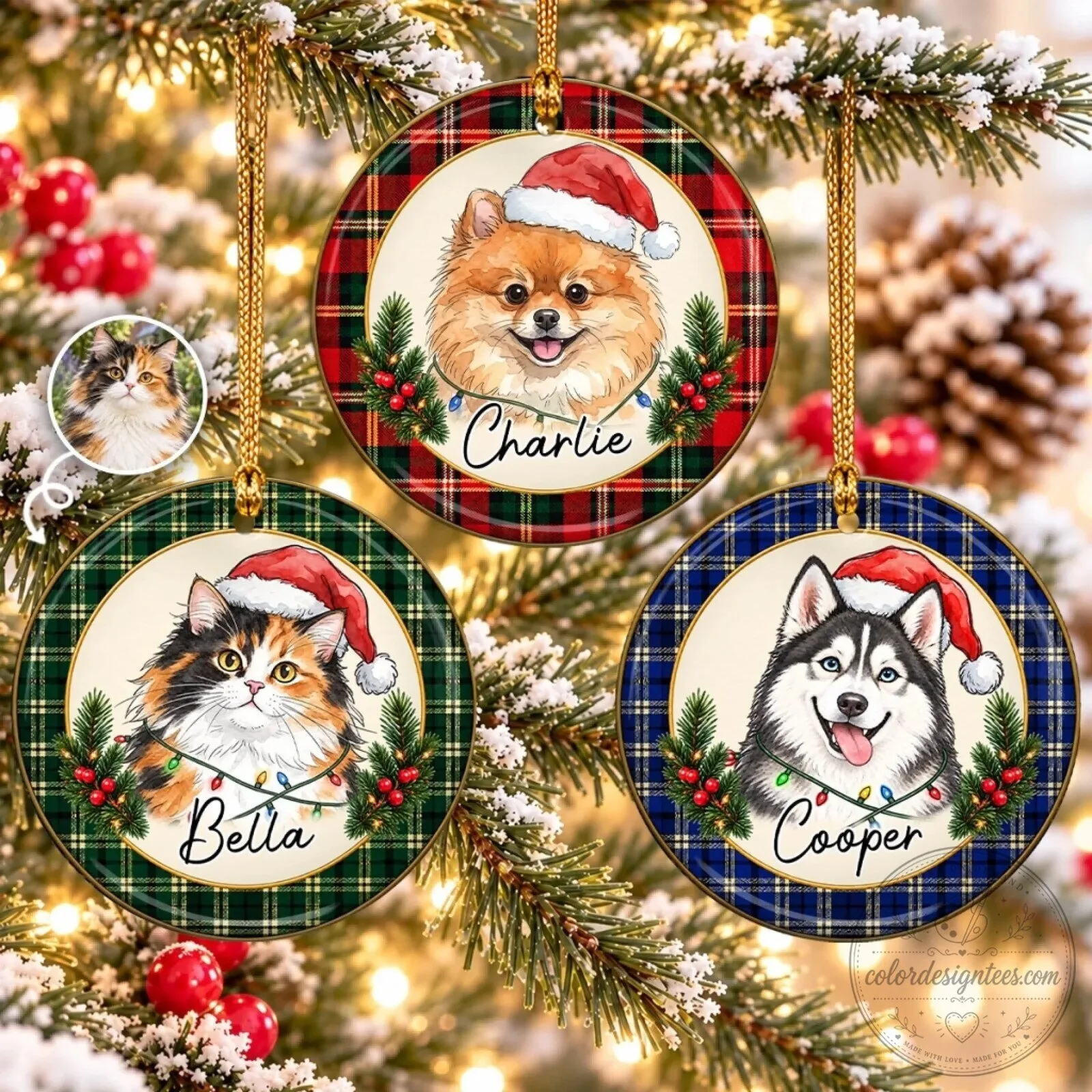 Personalized Pet Photo Christmas Ornament with Tartan Plaid Design