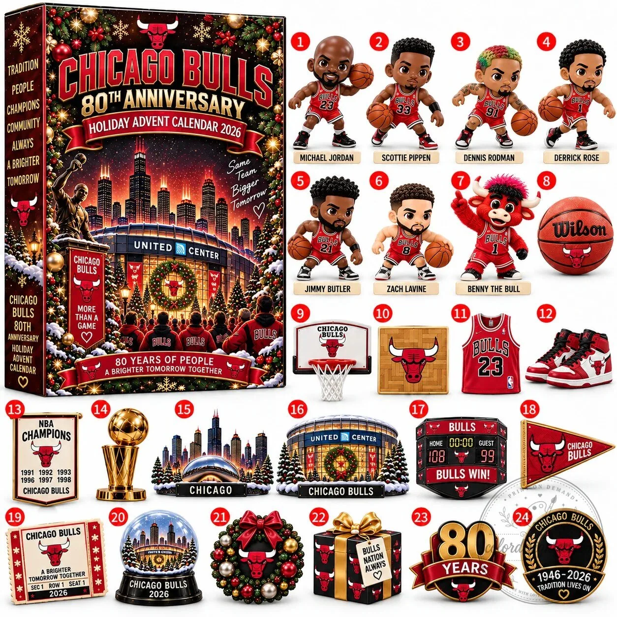 Chicago Bulls 80th Anniversary Holiday Advent Calendar 2026 with NBA Legends