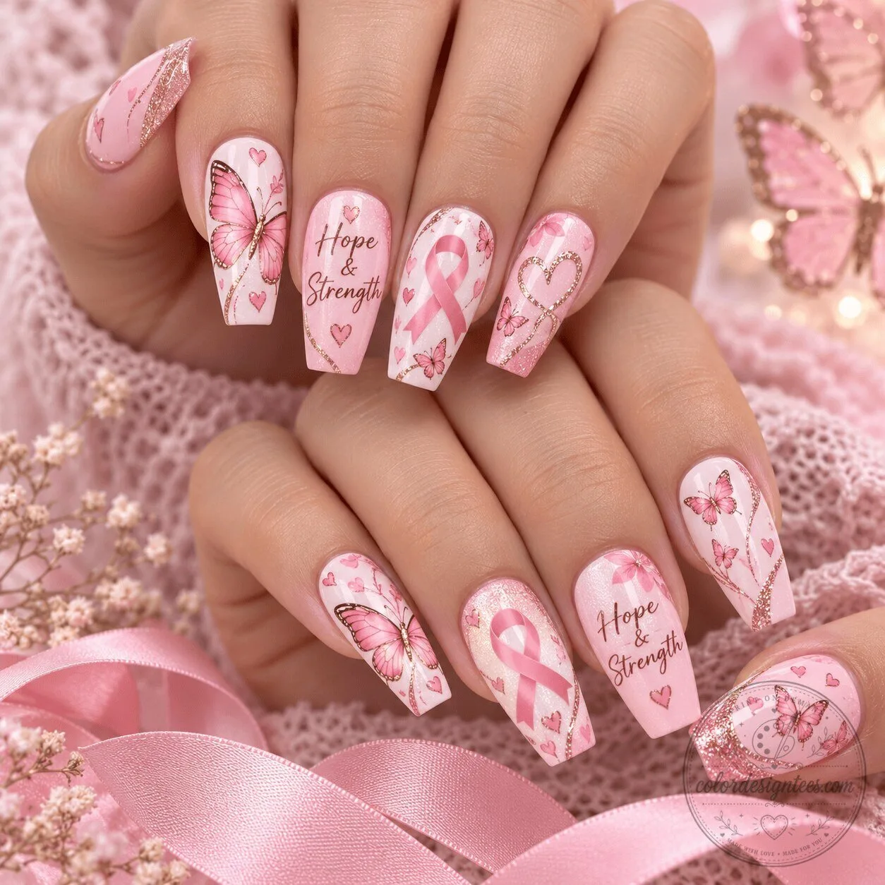 Pink Butterfly Hope and Strength Breast Cancer Awareness Press On Nails