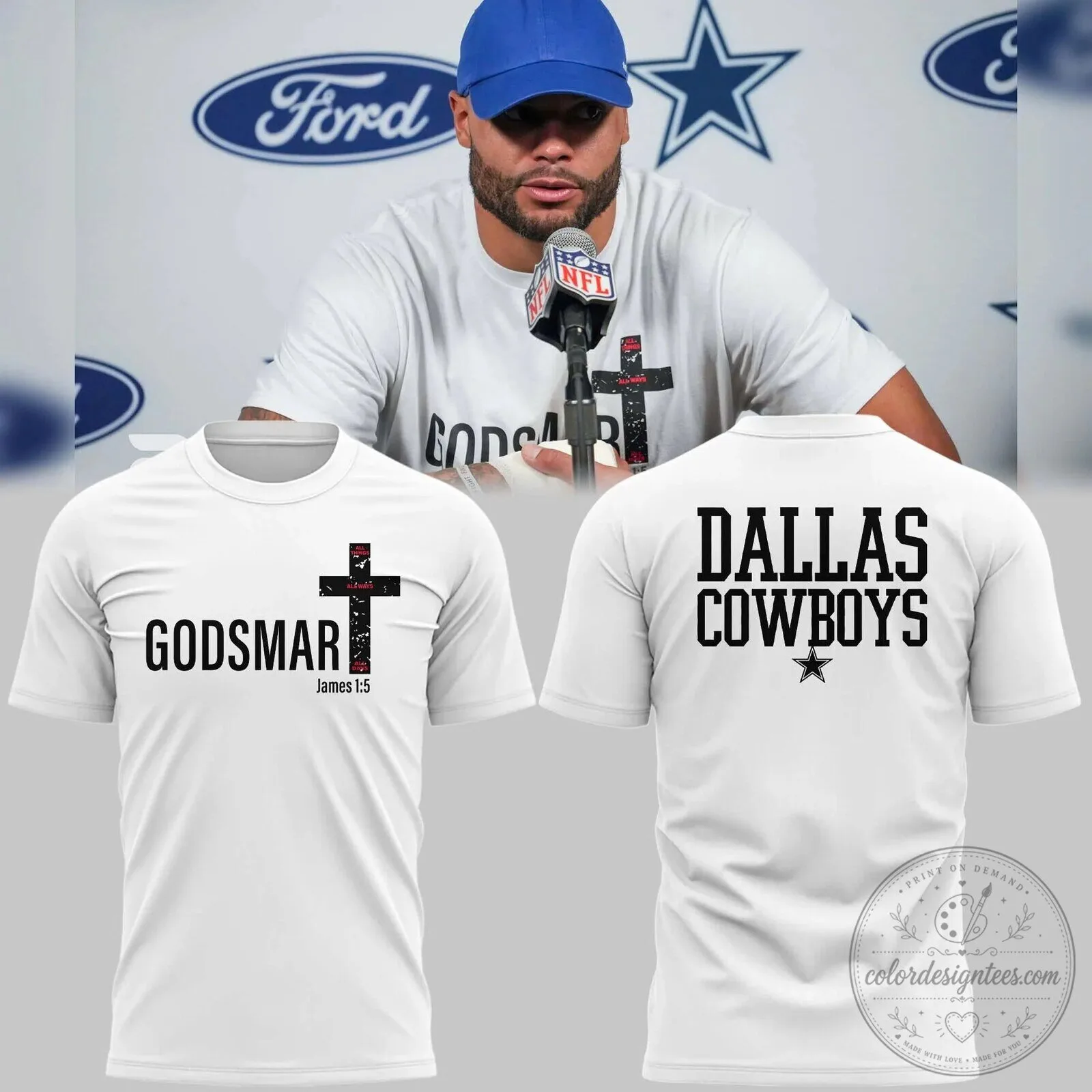 Dallas Cowboys Dak Prescott Godsmart James 1:5 Christian Scripture T-Shirt