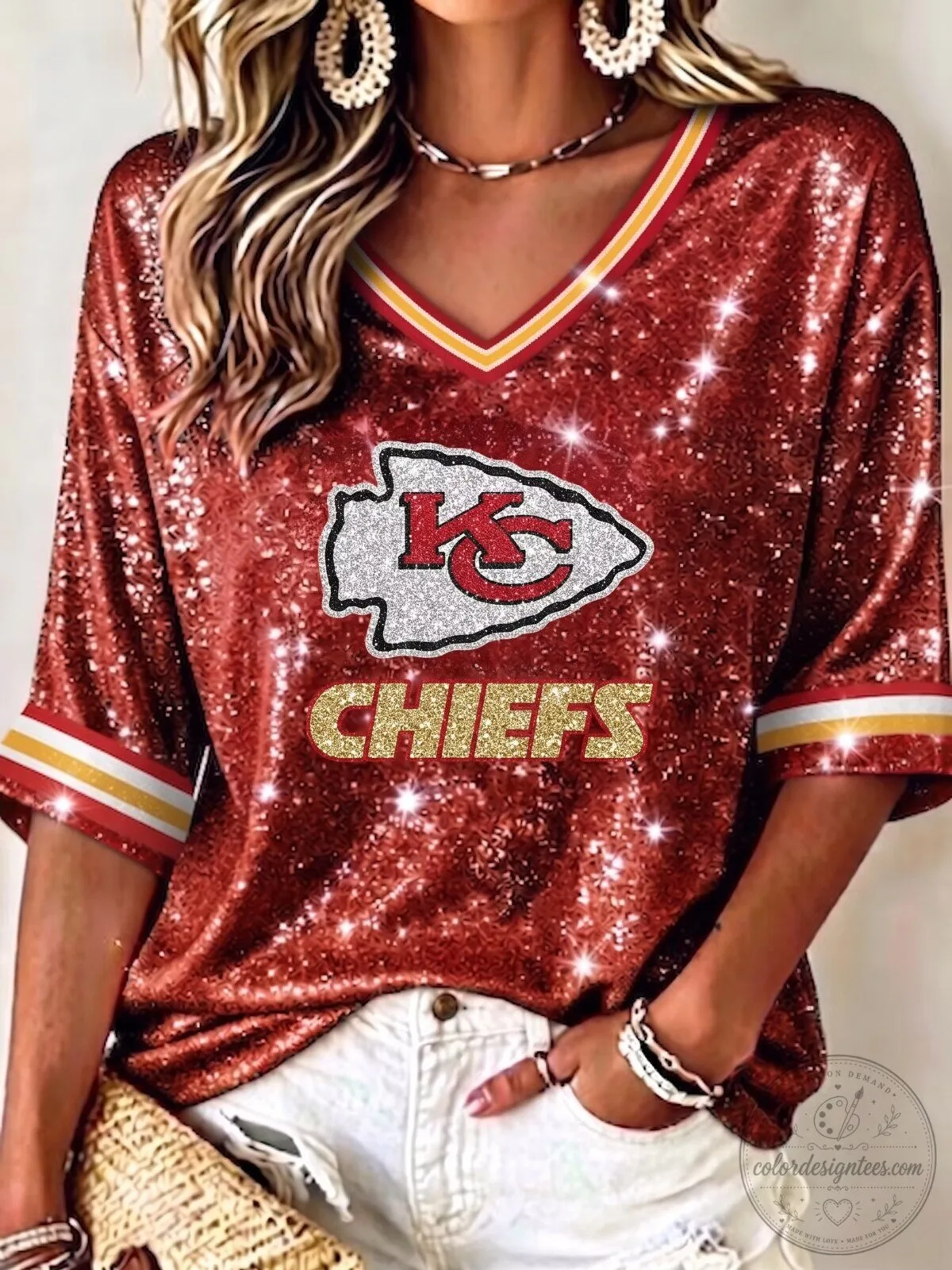 Kansas City Chiefs Glitter Sparkle V-Neck Football T-Shirt for Women
