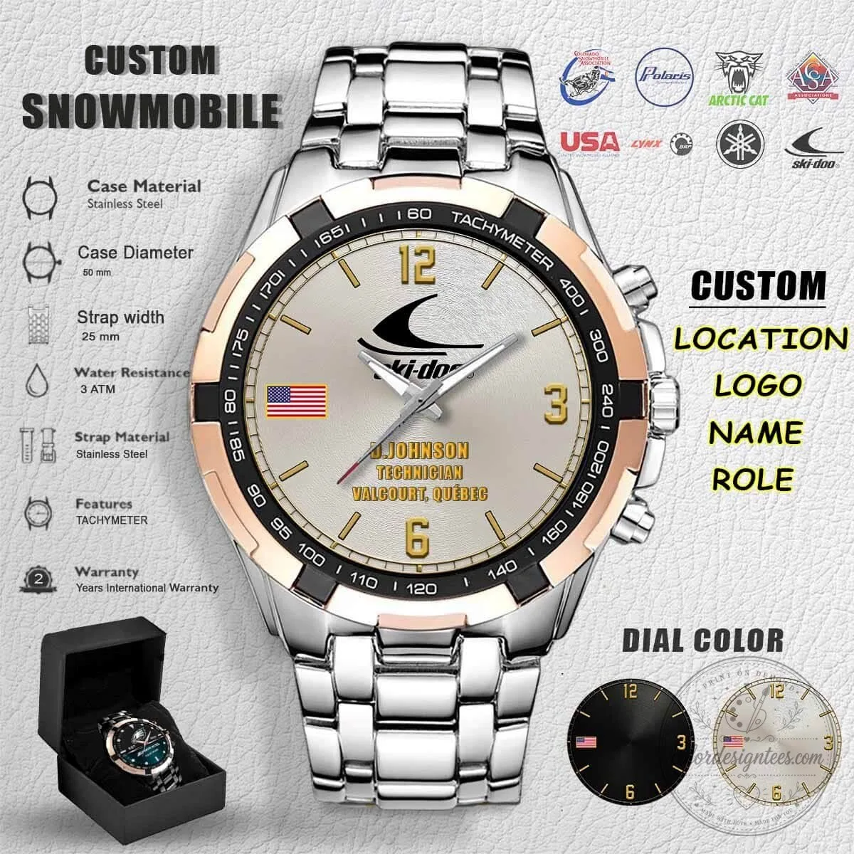 Custom Snowmobile Technician Stainless Steel Tachymeter Watch