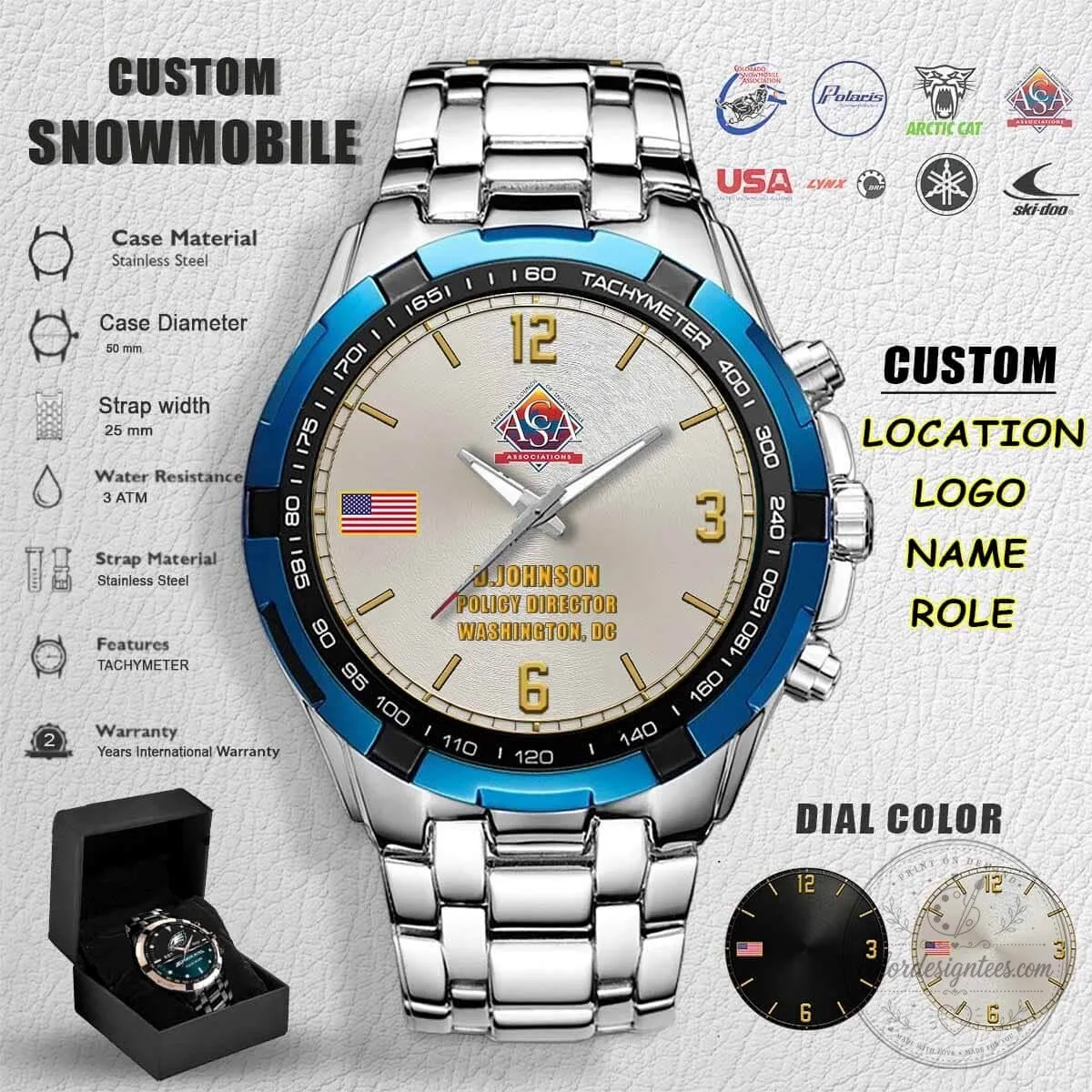 Custom Snowmobile Technician Stainless Steel Tachymeter Watch 8 Custom Snowmobile Technician Stainless Steel Tachymeter Watch