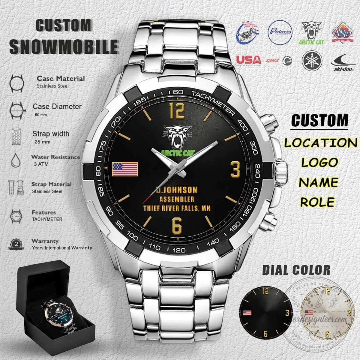 Custom Snowmobile Technician Stainless Steel Tachymeter Watch 9 Custom Snowmobile Technician Stainless Steel Tachymeter Watch