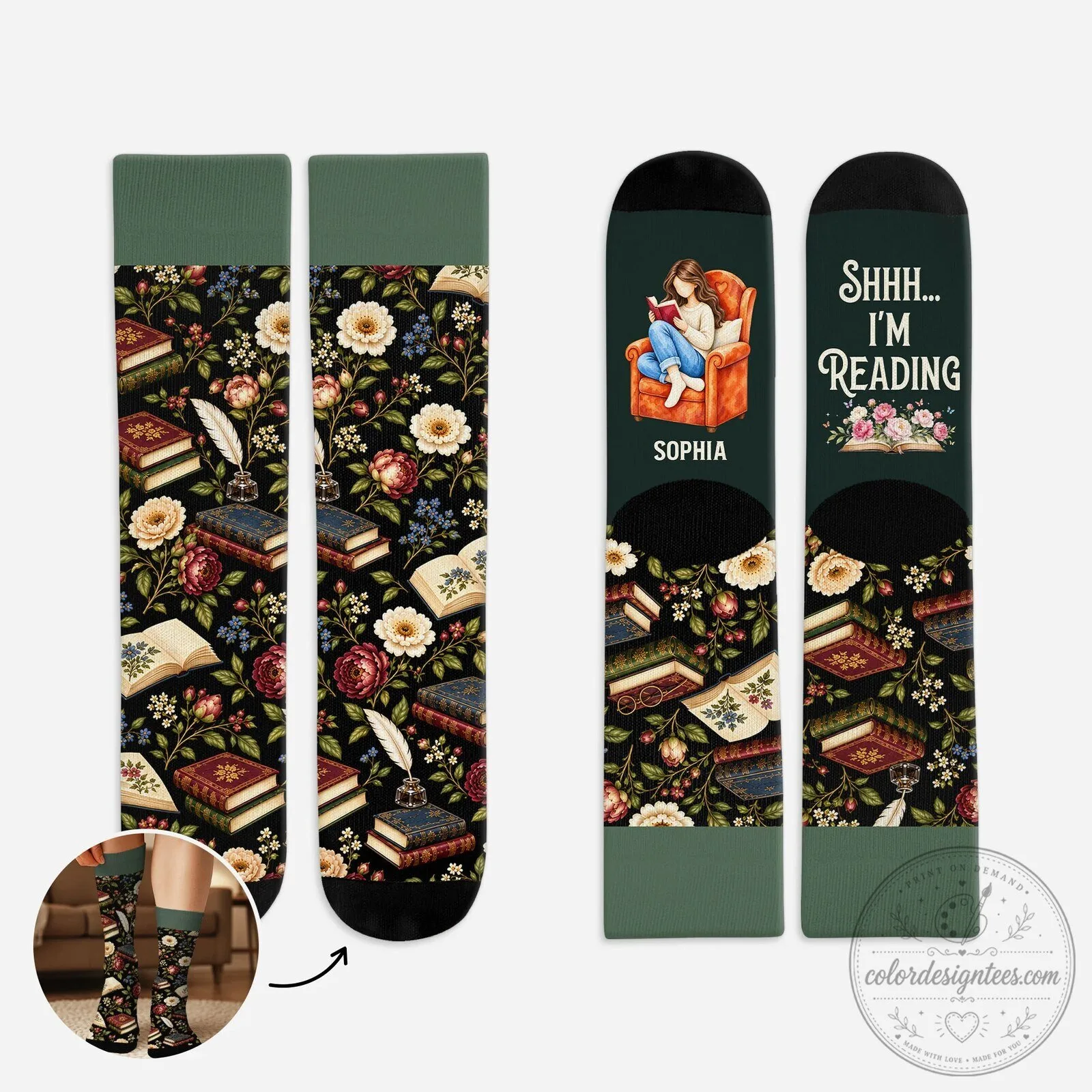 Personalized Shhh I'm Reading Birth Flower Socks