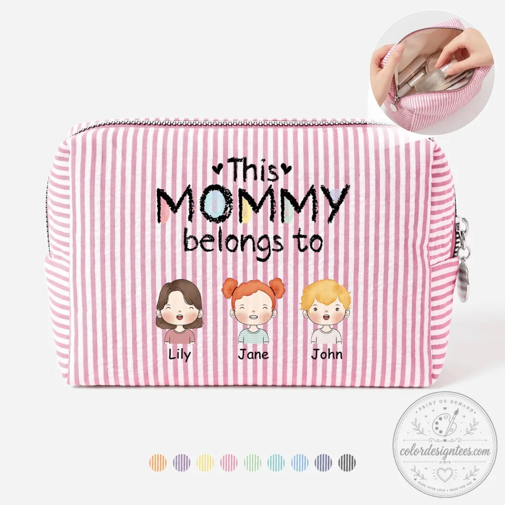 Personalized This Mommy Belongs To Seersucker Striped Makeup Bag Personalized This Mommy Belongs To Seersucker Striped Makeup Bag