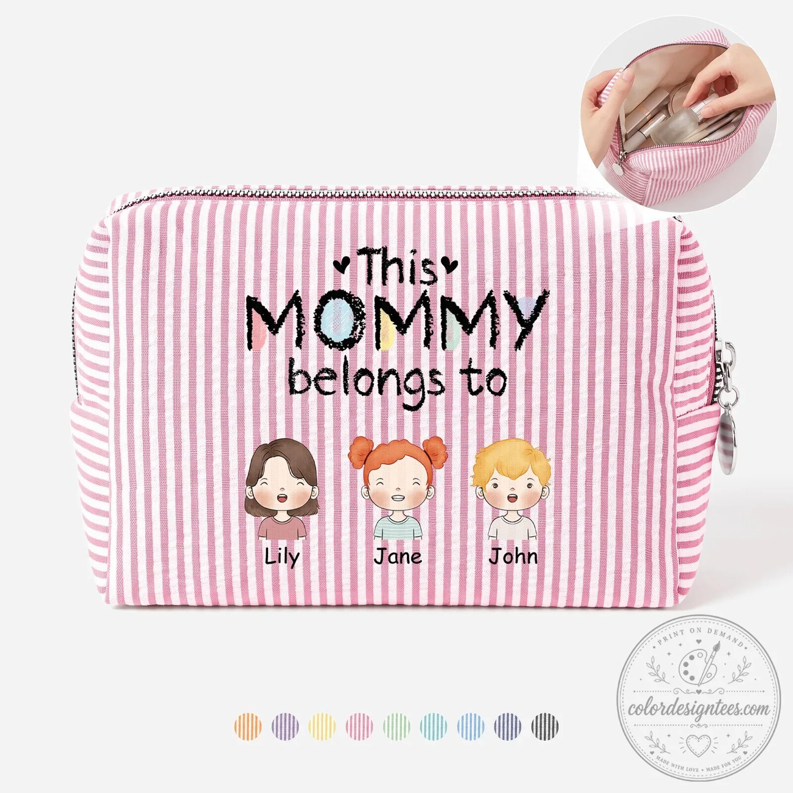 Personalized This Mommy Belongs To Seersucker Striped Makeup Bag