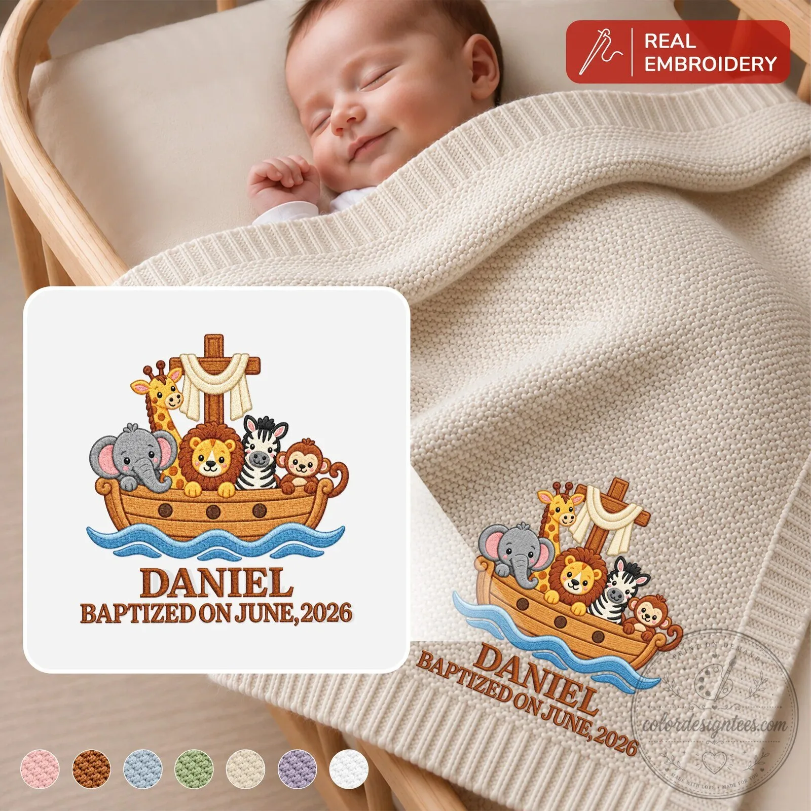 Personalized Noah's Ark Baptism Baby Blanket, Custom Christening Gift