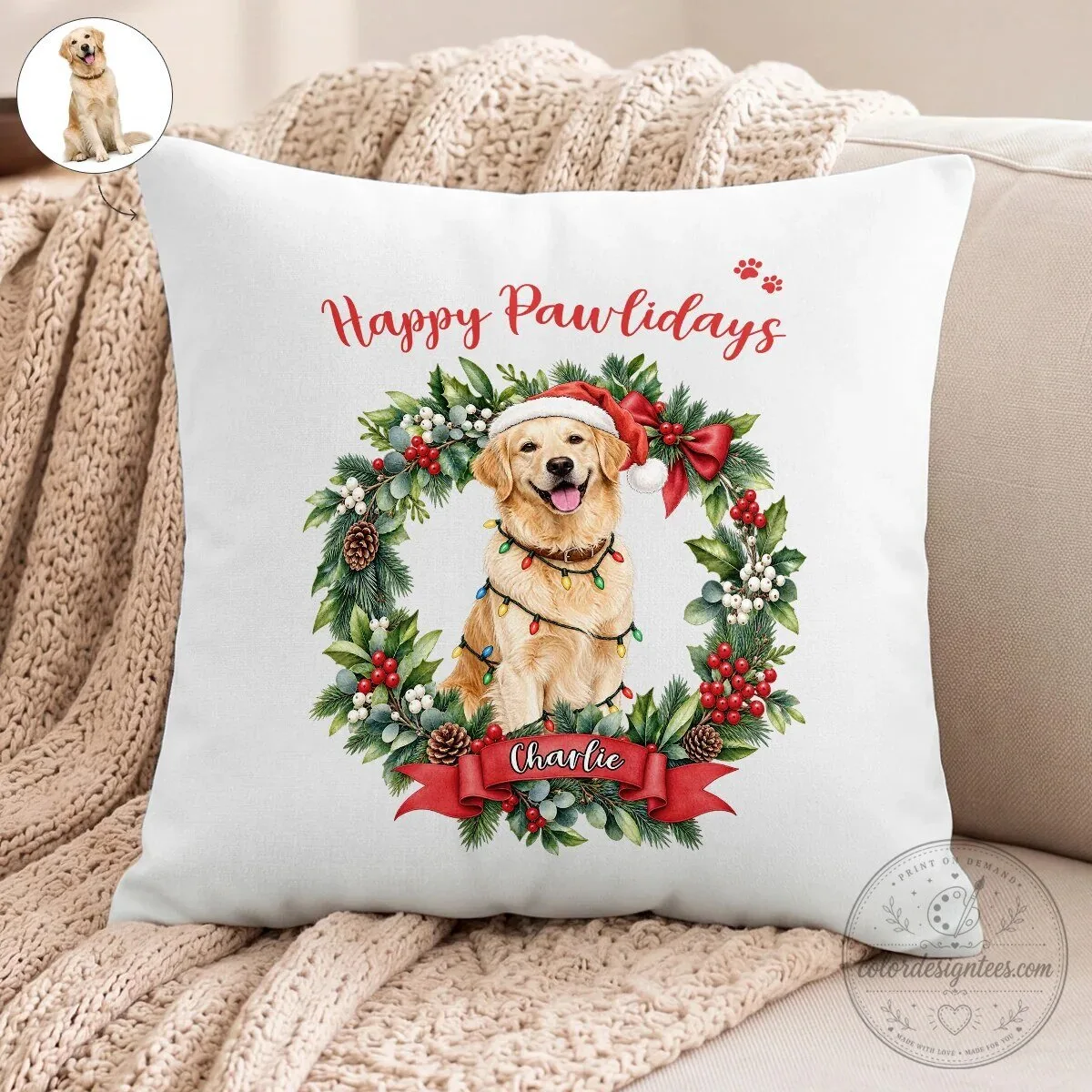 Happy Pawlidays Golden Retriever Christmas Wreath Personalized Pet Pillow