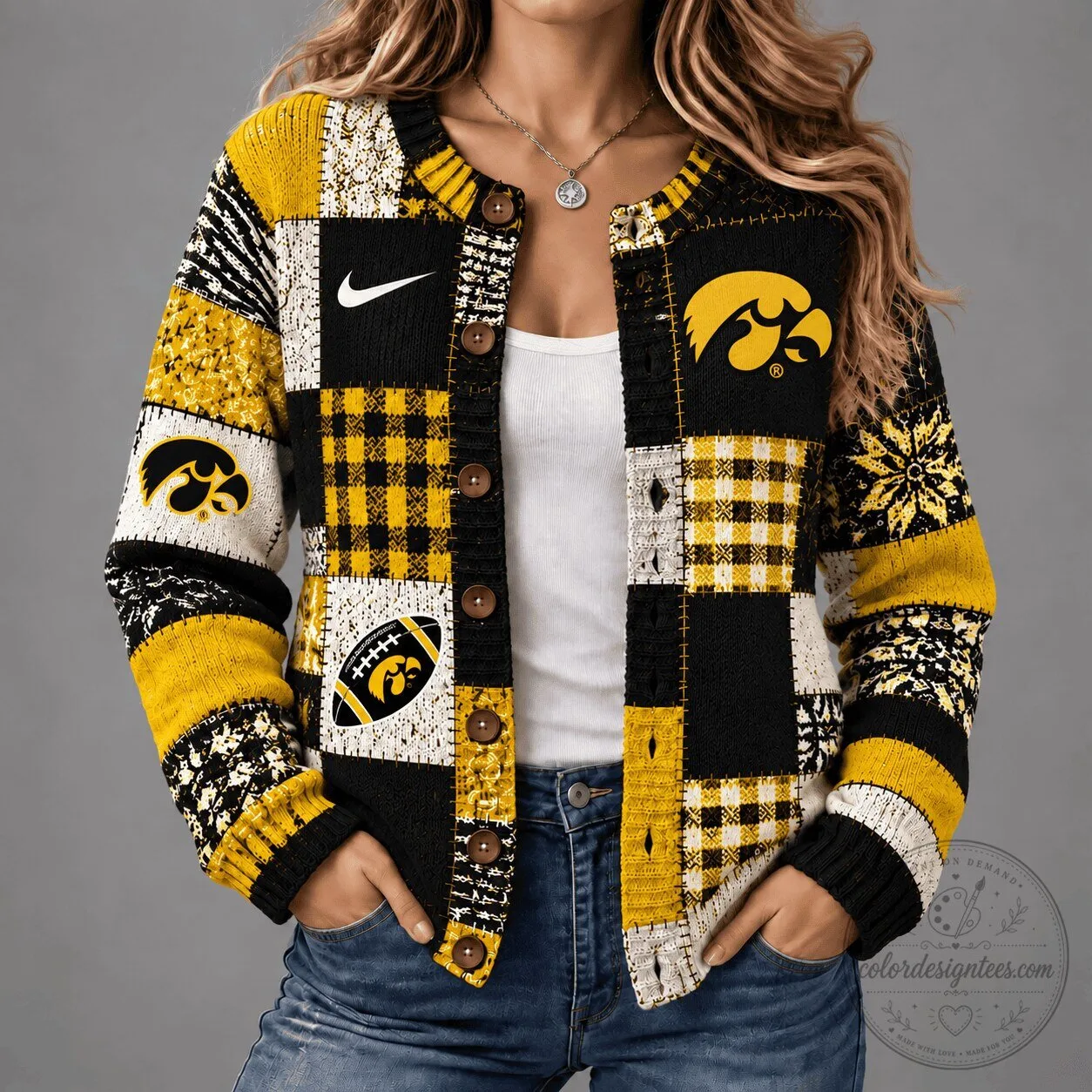 Iowa Hawkeyes Football Team Vintage Patchwork Cardigan Sweater