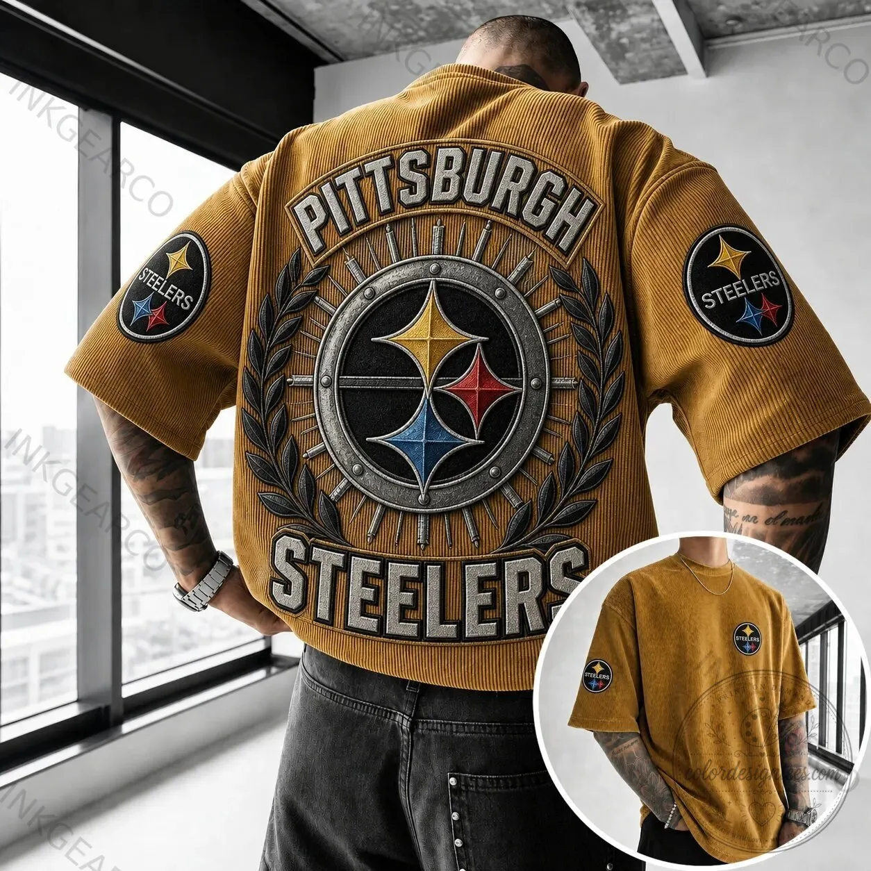 Corduroy Short Sleeve T-Shirt for Pittsburgh Steelers NFL Football Team